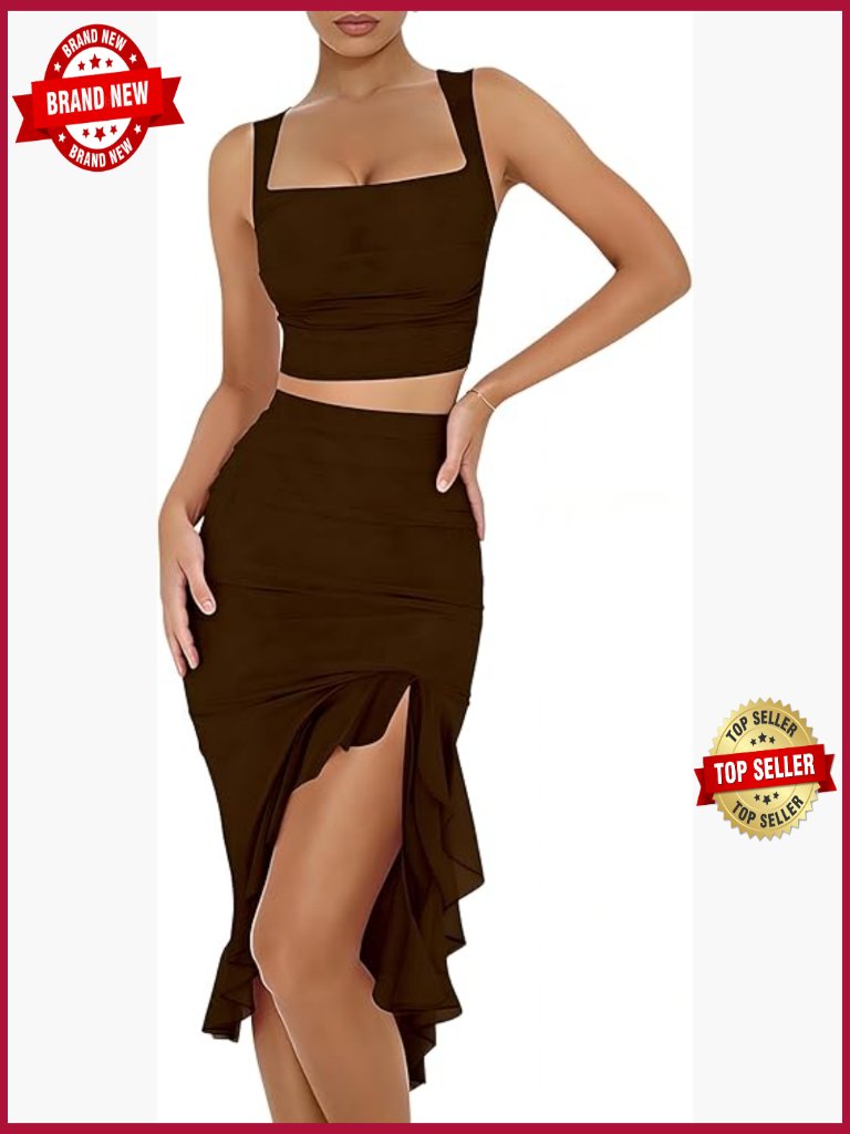 Two Piece Skirt Set - Sleeveless Crop Top & Midi Skirt Y2k
